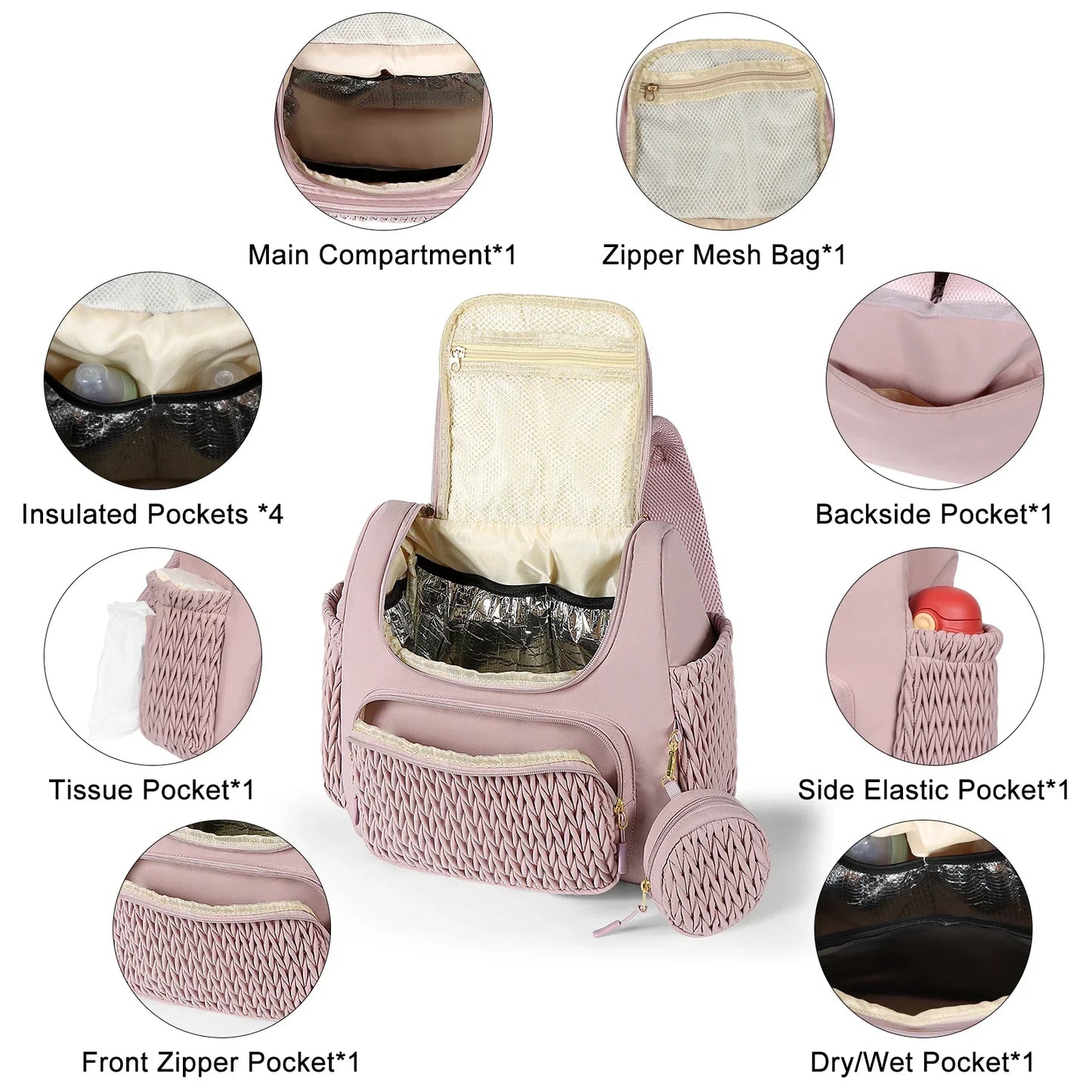 Mauve Mist Diaper Backpack – Nappy Bag with Changing Pad & Stroller Straps
