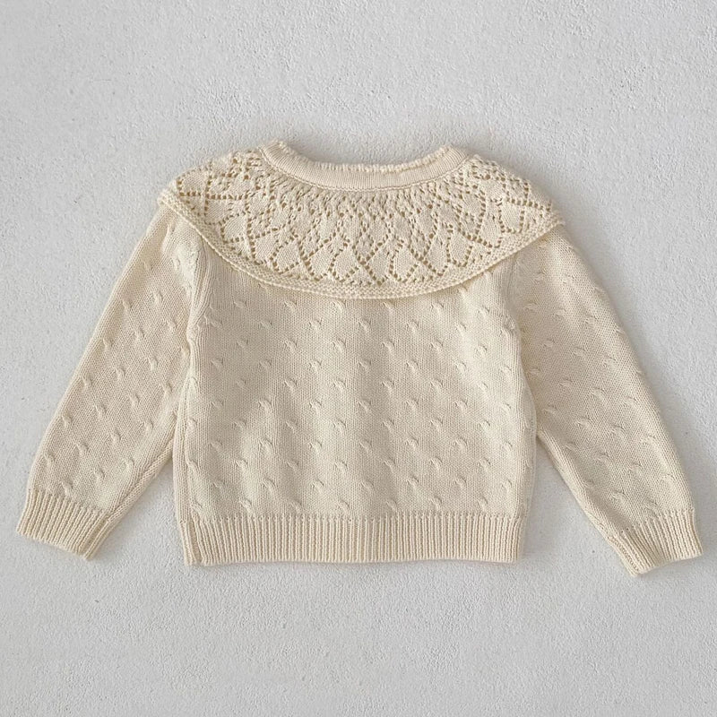 New autumn baby clothing, 0-3 year old female baby, cotton yarn knitted sweater with hollowed out large collar jacket