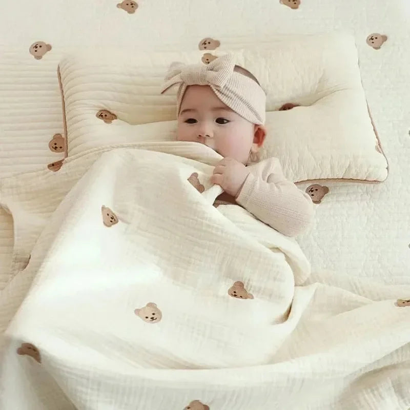 Cotton Muslin Baby Blanket Newborn 6 Layer Gauze Stroller Blanket Bear Embroidery Kids Sleeping Blanket Bedding Baby Item
