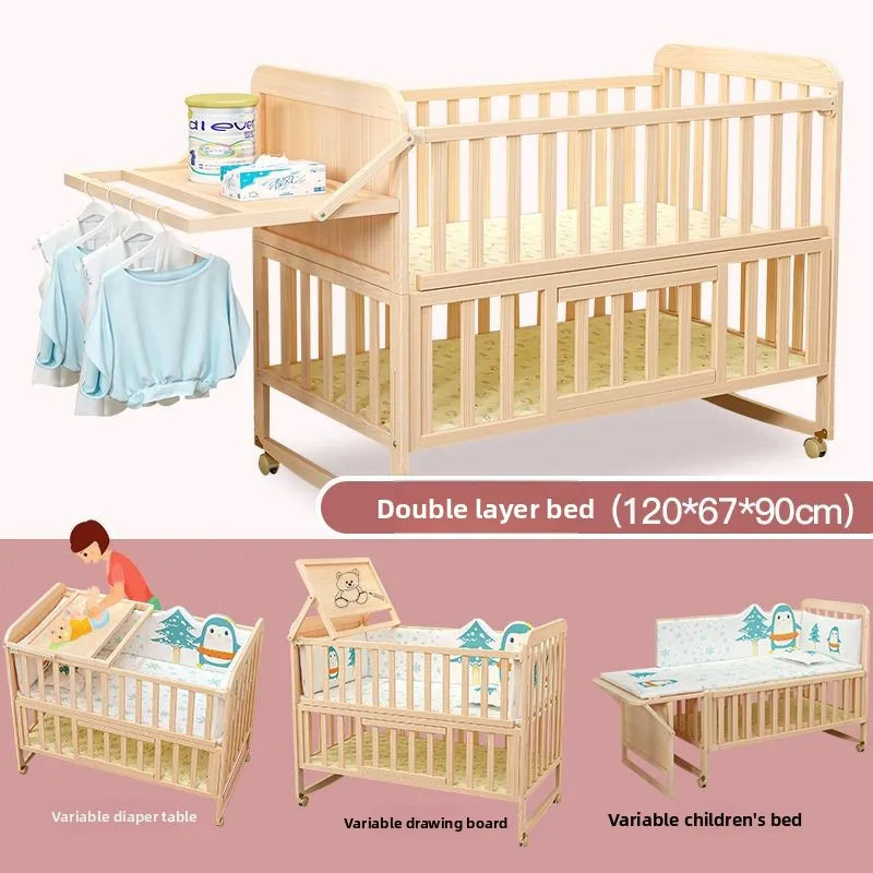Solid Wood Baby Crib Convertible Toddler Bed Movable Newborn Bassinet Cradle Multi Functional Infant Bed For Babies Boys Girls