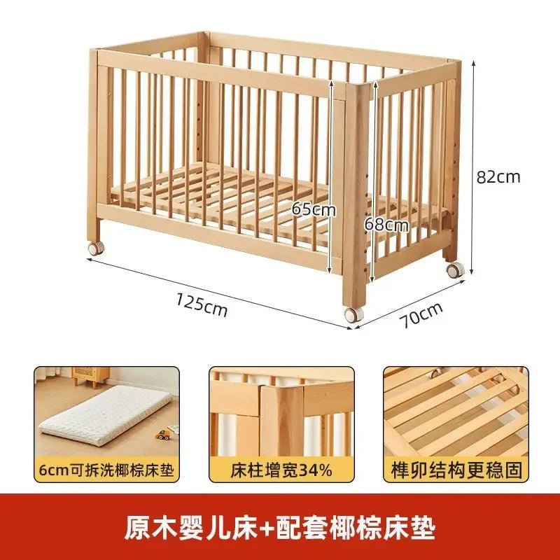 Adjustable Beechwood Baby Crib Convertible Bedside Sleeper with Guardrail Wheels Baby Bassinet Nest Bed Child Sleep with Wheels