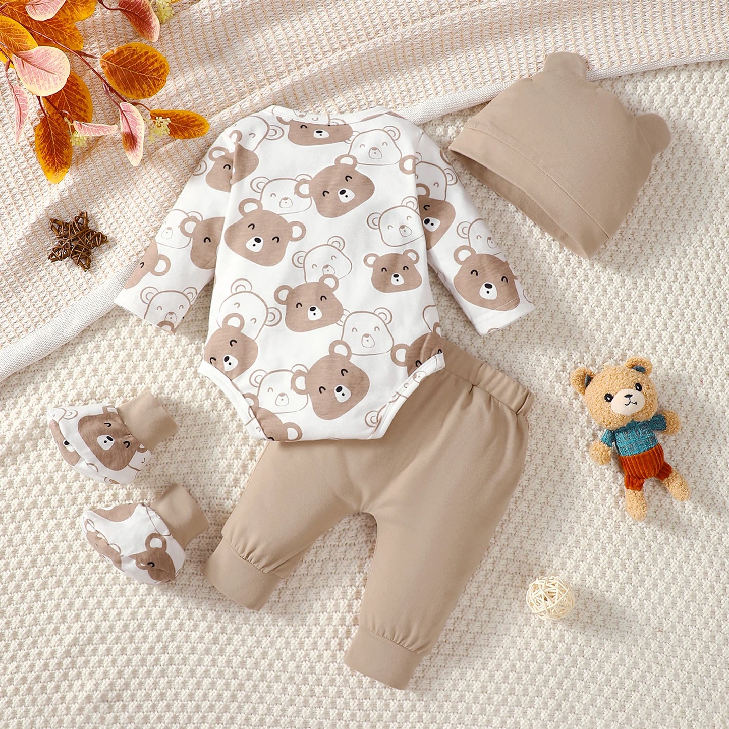 0–9M Baby Boy Set – Little Bear 4PCS Bodysuit, Pants, Hat & Socks