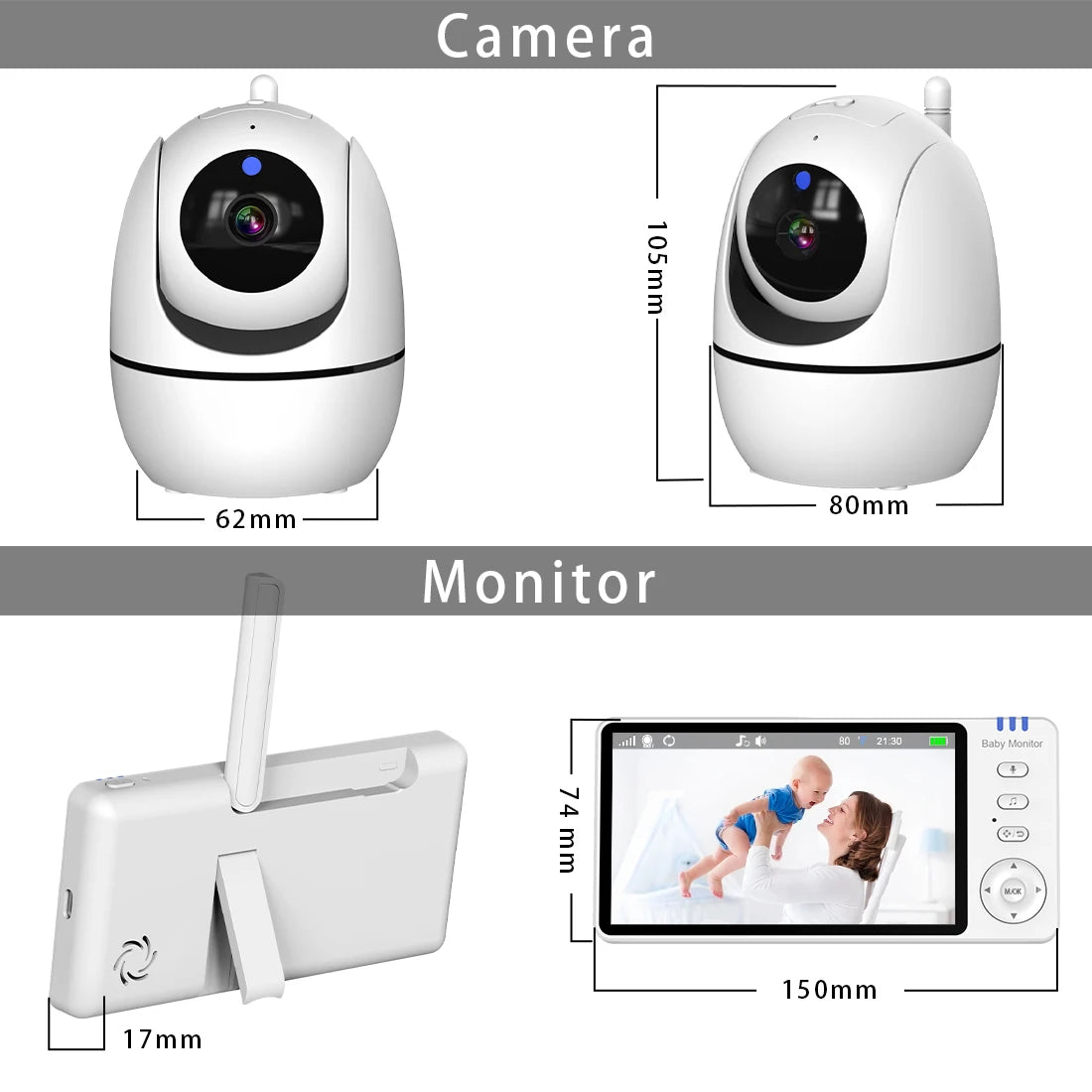 5'' IPS Video Baby Monitor with Pan Tilt Camera 3500mAh Battery Two Way Audio Intercom Auto Night Vision Kids Security Camera