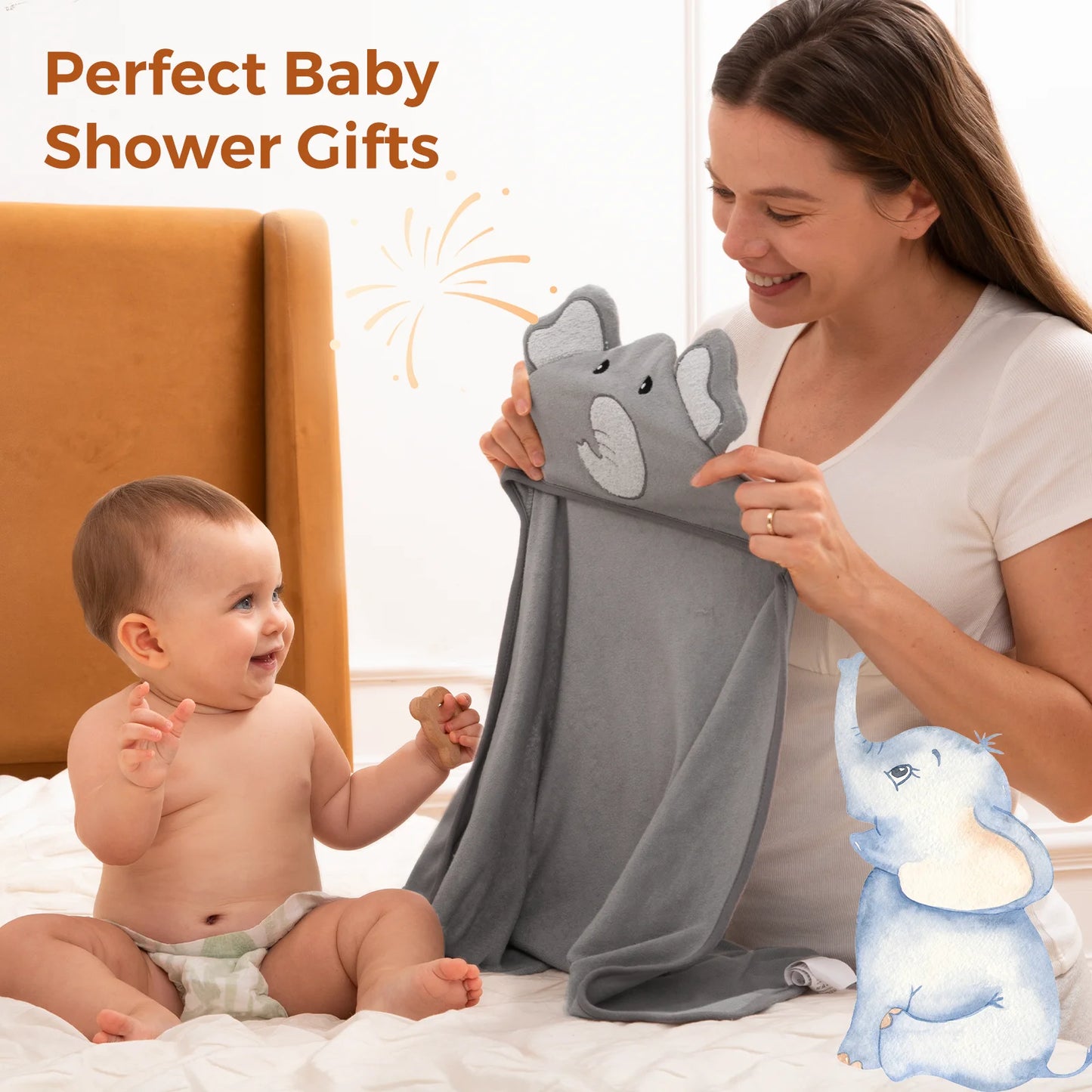 Momcozy Cute Elephant Hooded Baby Towel- 8 Piece Bath Essential, 2 x Towels and 6 x Wash Cloth Set- Perfect Shower