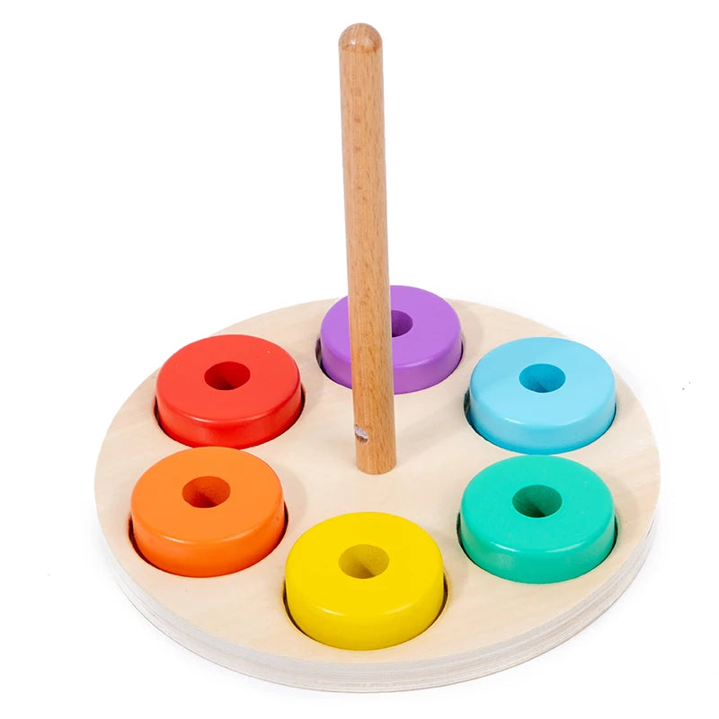 Montessori Toys Rainbow Stacking Ring Tower Board Baby Early Educational Teaching Aids Wood Toddler Baby Toy for Children Colors