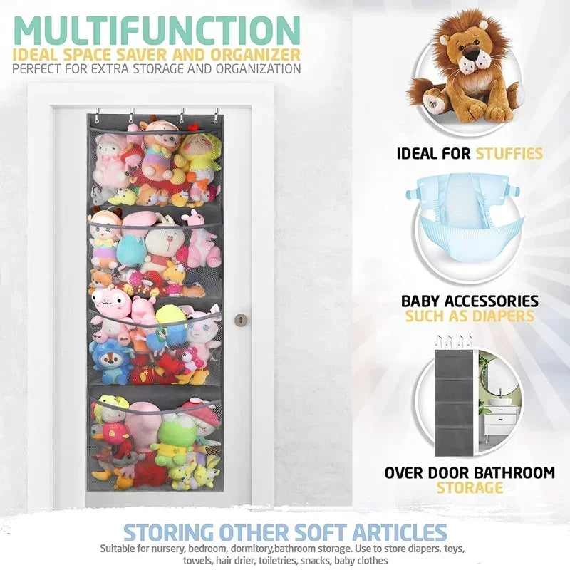 New Stuffed Storage Bag Over The Door Stuff Animals Organizer Hanging Mesh Bags 4 Large Pockets for Baby Plush Toys Kids Storage