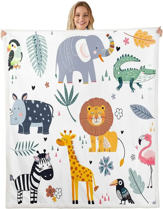 Kids Zoo Animal Sherpa Blanket Cute Wild Animals Fleece Throw Blanket Cartoon Safari Wild Print Plush Blanket for Boys Girls
