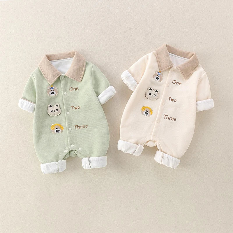 Unisex Baby Polo Collar Romper for Spring & Autumn Boys & Girls Cute Bear Head & Letter Jumpsuit Halloween Long-Sleeve Bodysuit