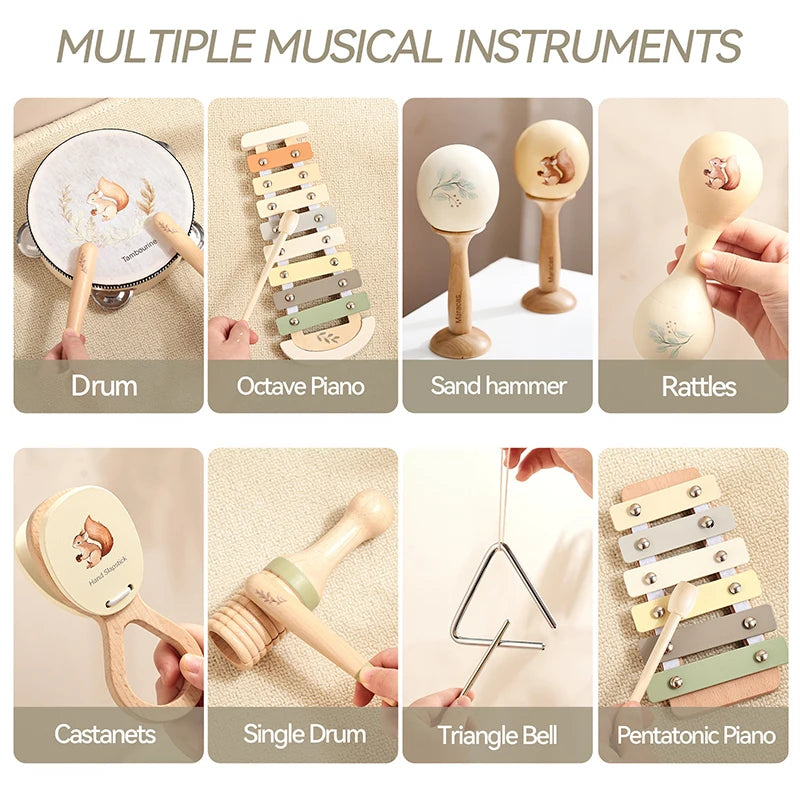 Music Toys Baby Wooden Montessori Toys Children Music Instrument Squirrel Maracas Drum Xylophone Early Education Sensor Toys Set