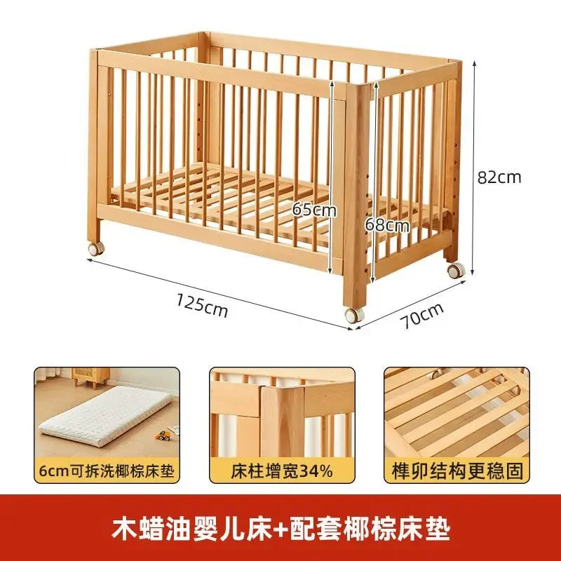 Adjustable Beechwood Baby Crib Convertible Bedside Sleeper with Guardrail Wheels Baby Bassinet Nest Bed Child Sleep with Wheels