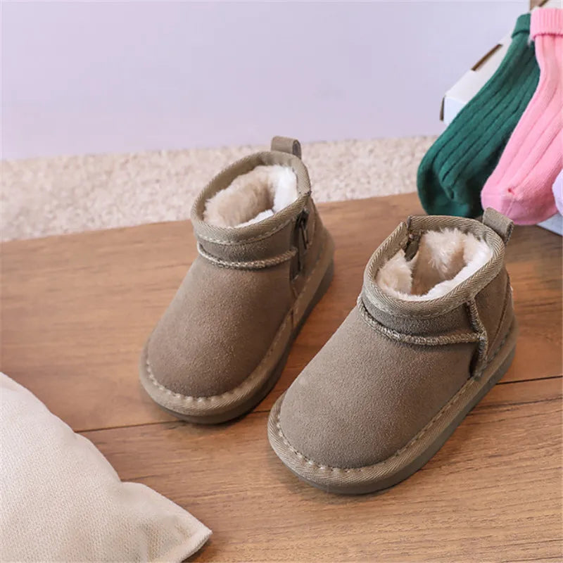 2023 New Winter Baby Snow Boots leather Warm Plush Little Boys Shoes Non-slip Fashion Toddler Girls Boots