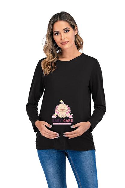 New Maternity Carton Long-sleeved Tees Solid Color 0 Neck Casual Loose Pregnancy Clothing Fashion Women's Pregnancy Long Sleeve