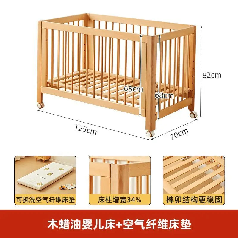 Adjustable Beechwood Baby Crib Convertible Bedside Sleeper with Guardrail Wheels Baby Bassinet Nest Bed Child Sleep with Wheels