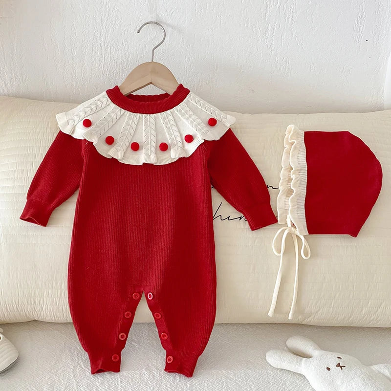 2025 New Autumn Children Clothes Infant Baby Girls Long Sleeved Splicing Knitted Jumpsuit Newborn Baby Knitted Bodysuits+Hat