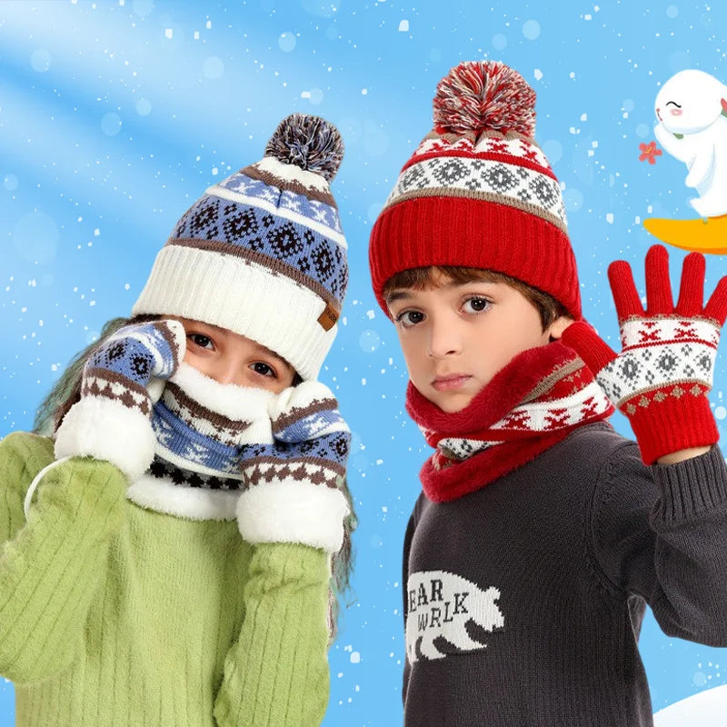 4pcs/Set Children's Knitted Hat Thick Warm Neck Scarf Gloves Mittens Outdoor Playing For Cold Weather Winter Necessearies