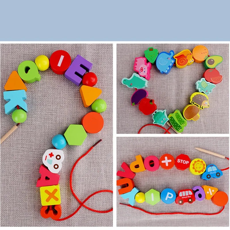 Monterssori Beaded Wooden Toys Baby Cartoon Fruit Animal Stringing Wooden Beads Toys Children's Educational Games