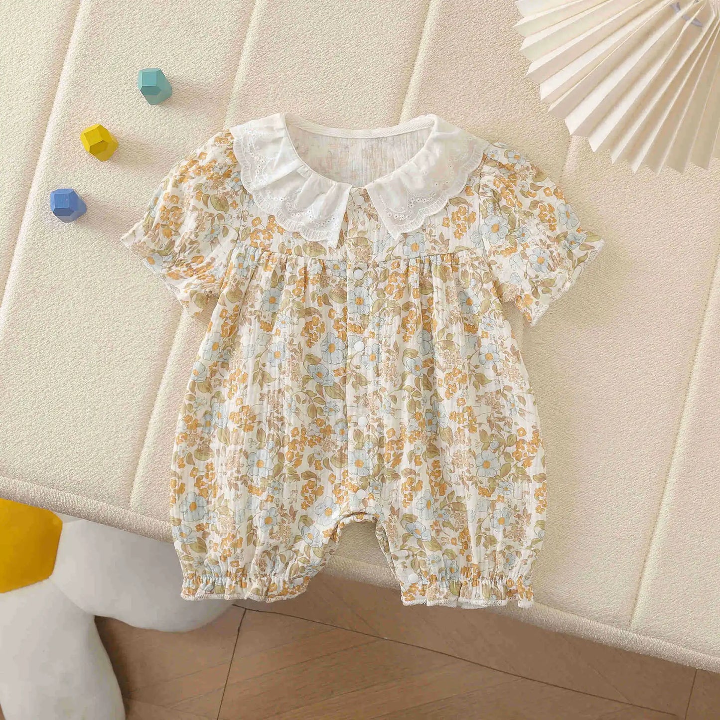 0 - 2 Y Newborn Outdoor Clothes Adorable Baby Girls' Cotton Short Sleeved Romper with Lace Doll Collar Cute and Soft Fabric