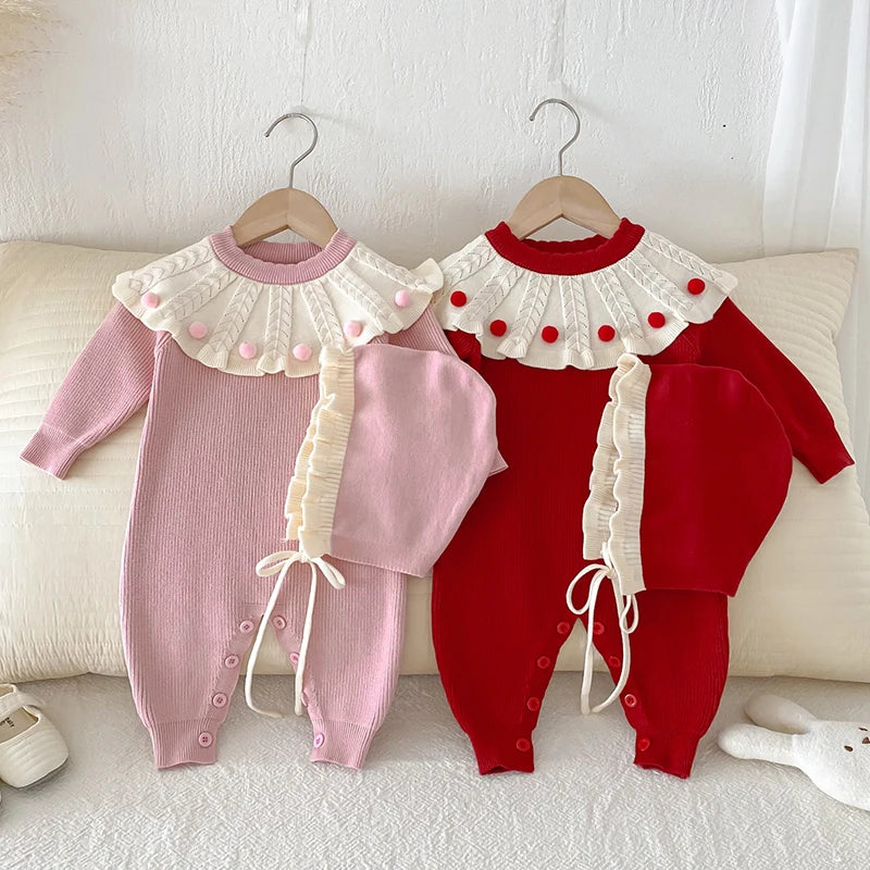 2025 New Autumn Children Clothes Infant Baby Girls Long Sleeved Splicing Knitted Jumpsuit Newborn Baby Knitted Bodysuits+Hat