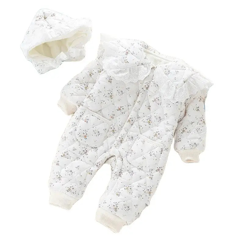 2PCS Set Baby Cute Floral Rompers Infant Diamond Flower Fleece Padded Jumpsuit with Hat 0-2T Toddler Thicken Outwear Clothes