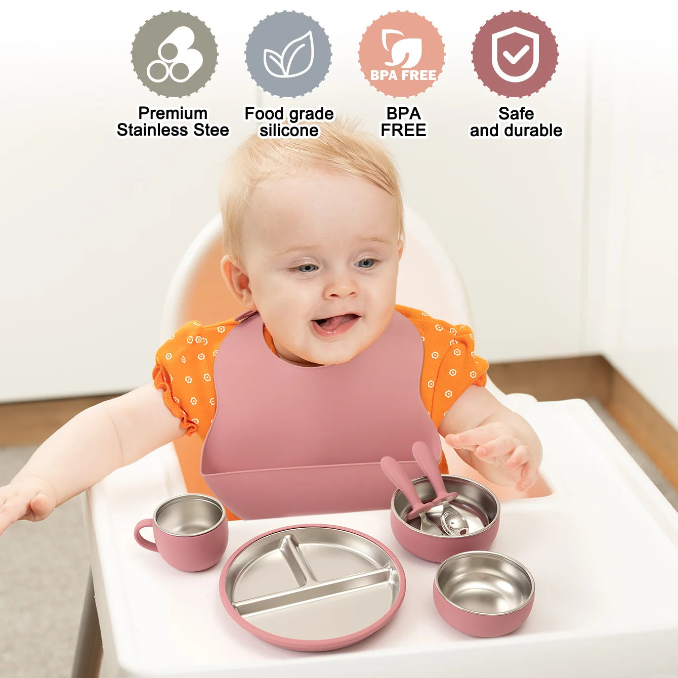 7PCS Baby Feeding Set – Stainless Steel & Silicone Tableware