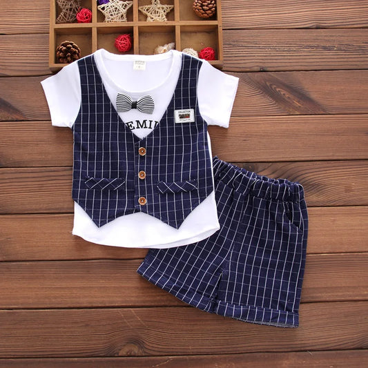 2PCS Baby Set Summer Children's Outgoing Plaid Gentleman Style Fake Two Piece Vest Short Sleeve Shorts Set