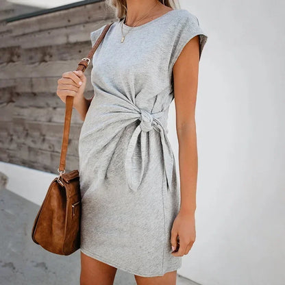 Premama Breastfeeding Fashion Short Sleeve Solid Color Dress for Pregnant Women Maternity Casual Dresses Bow Trim Summer