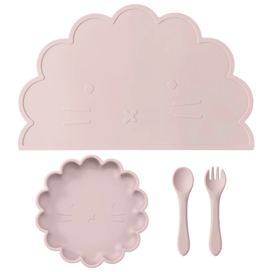 Wholesale BPA Free Silicone Baby Feeding Set 4 Pcs Cartoon Shapes Place Mat Soft Spoon Fork For Kids Newborn Weaning Tableware