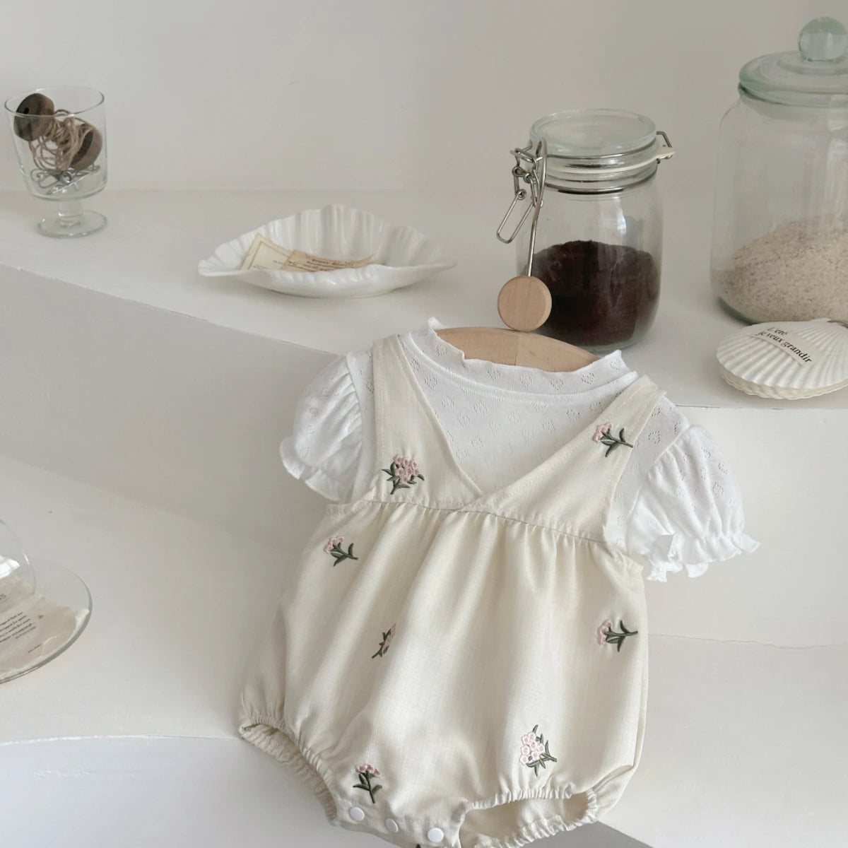 Summer Baby 2PCS Set – Flower Print Suspender Jumpsuit for Boys & Girls