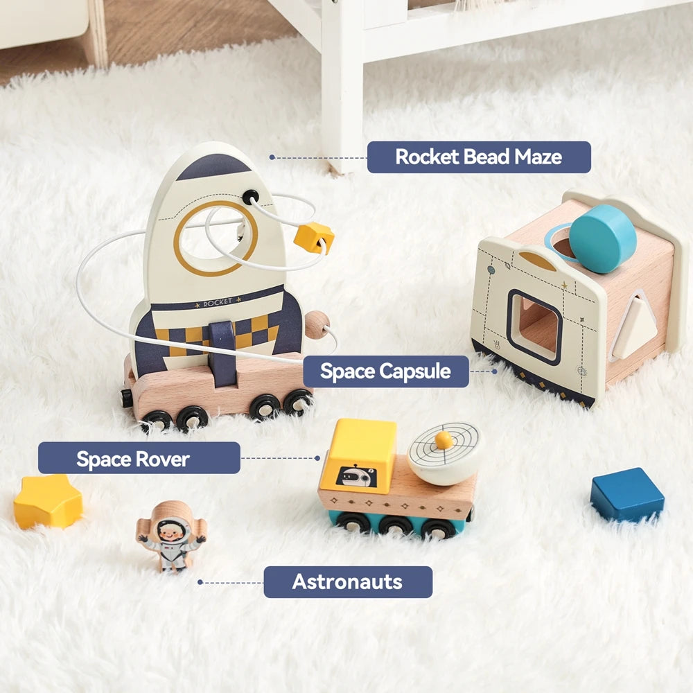 Wooden Astronaut Space Toys Set Baby Montessori Rocket Knowledge Puzzle Toys Early Shape Perception Building Block Stacking Game