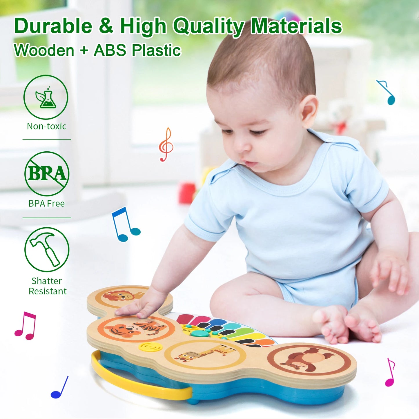 2-in-1 Wooden Piano & Drum – Lights & Music Fun!