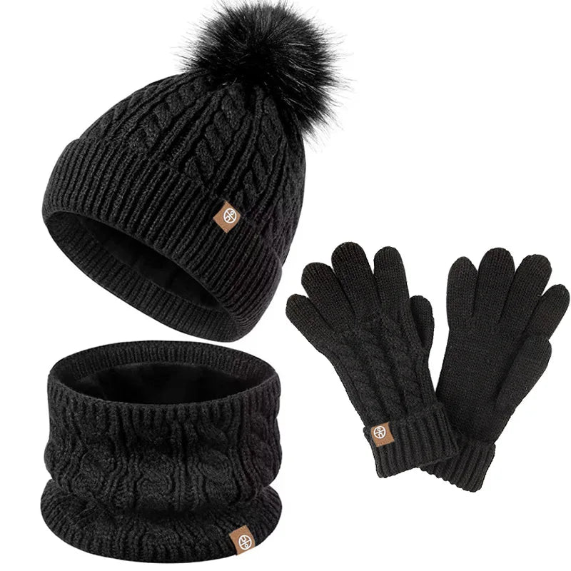 Winter Velvet Outdoor Travel Warm Knit Children's Colorful Wool Ball Hat Scarf Gloves Three Piece Set Luxury Holiday Gift