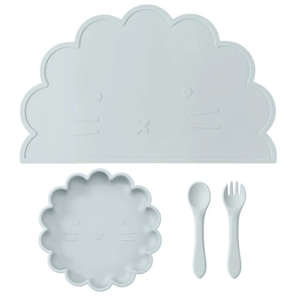 Wholesale BPA Free Silicone Baby Feeding Set 4 Pcs Cartoon Shapes Place Mat Soft Spoon Fork For Kids Newborn Weaning Tableware