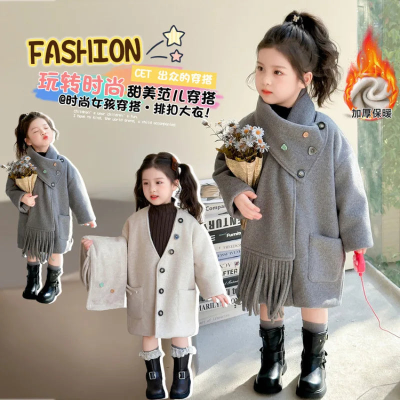 Autumn Winter Children Girl Overcoat Colorful Button Pockets Kid Baby Girls Outerwear Loose Warm Toddler Girls Jacket Soft Scarf