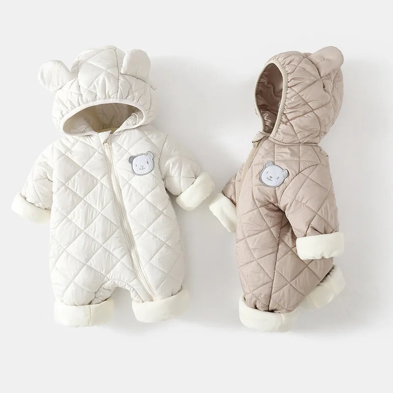 Autumn Winter Kids Boys Rompers Cotton Padded Bear Printed Thicken Newborn Boys Bodysuits Warm Argyle Hooded Infant Boy Jumpsuit