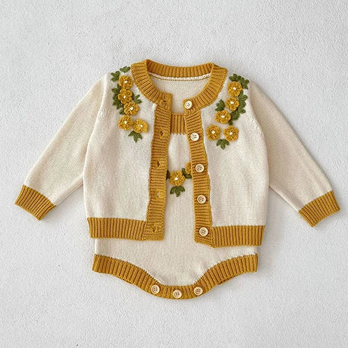 Autumn Winter Toddler Baby Girl Knitting Clothes Suit Floral Embroidery Cardigan+Jumpsuit Infant Baby Girls Knitted Clothing Set
