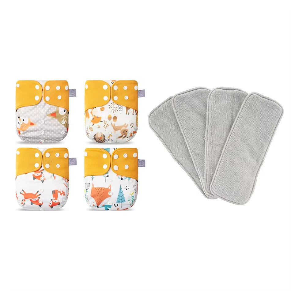 Washable Baby Diapers Set – 4 Cloth Nappies with Inserts, 3–15kg