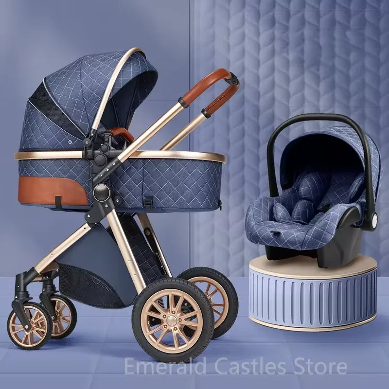 Poussette de luxe 3 en 1, poussette tout-terrain haute, bébé assis ou allongé