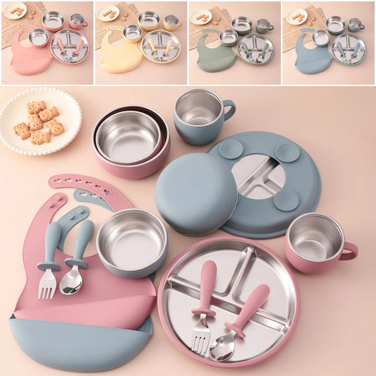7PCS Baby Feeding Set – Stainless Steel & Silicone Tableware