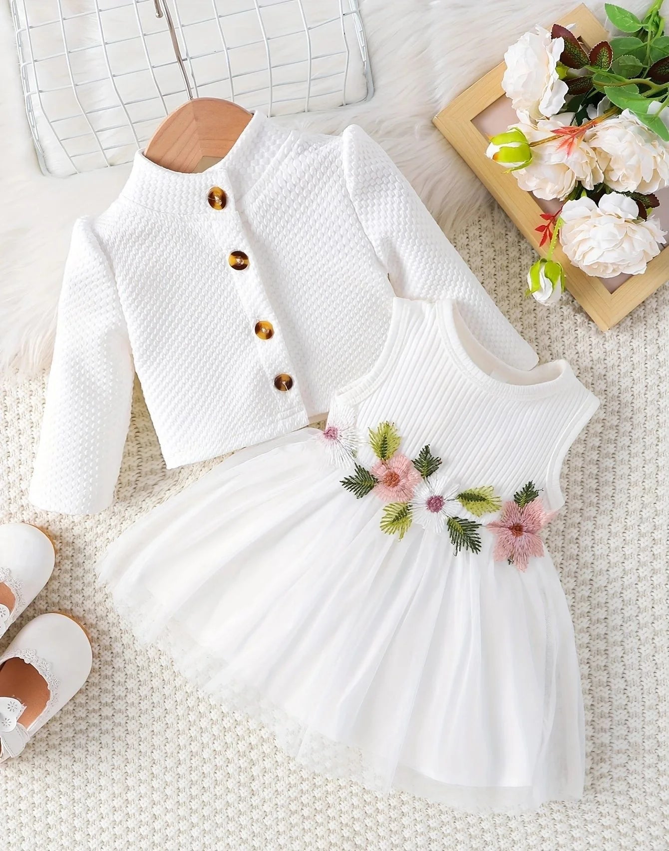 Baby Girl Dress Set 0–24M – Pink Petal Suspender Coat for Spring/Autumn