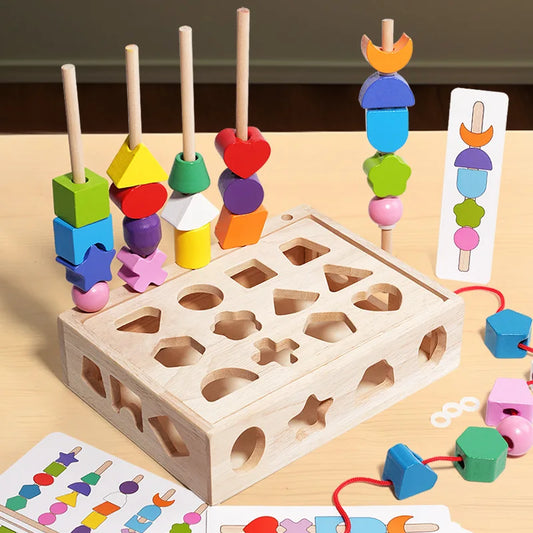 Montessori Wooden Toys Color Shape Matching Puzzle Game Box Colorful Beaded Color Cognition Educational Toys Gift For Children
