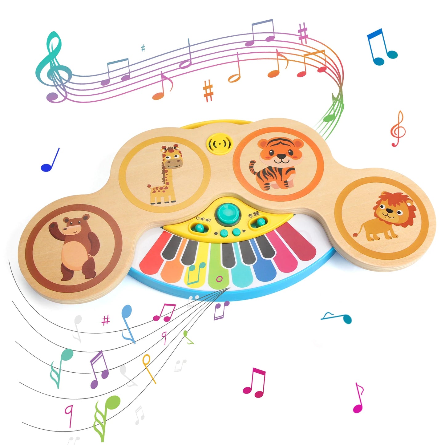 2-in-1 Wooden Piano & Drum – Lights & Music Fun!