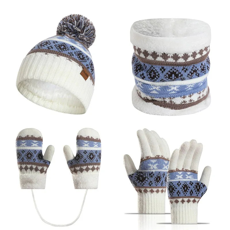 4pcs/Set Children's Knitted Hat Thick Warm Neck Scarf Gloves Mittens Outdoor Playing For Cold Weather Winter Necessearies
