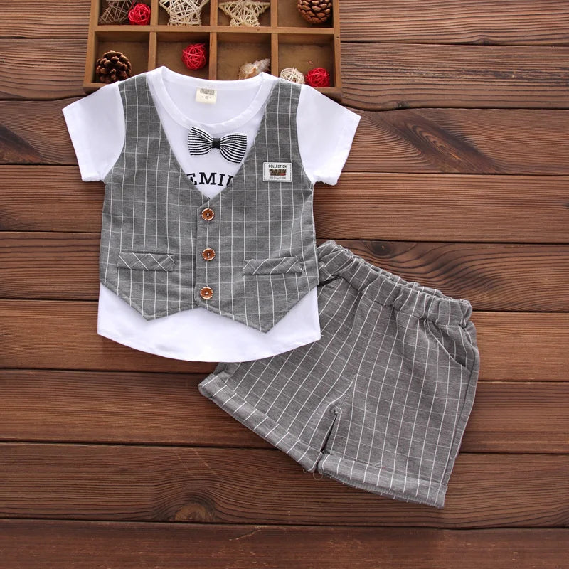 2PCS Baby Set Summer Children's Outgoing Plaid Gentleman Style Fake Two Piece Vest Short Sleeve Shorts Set
