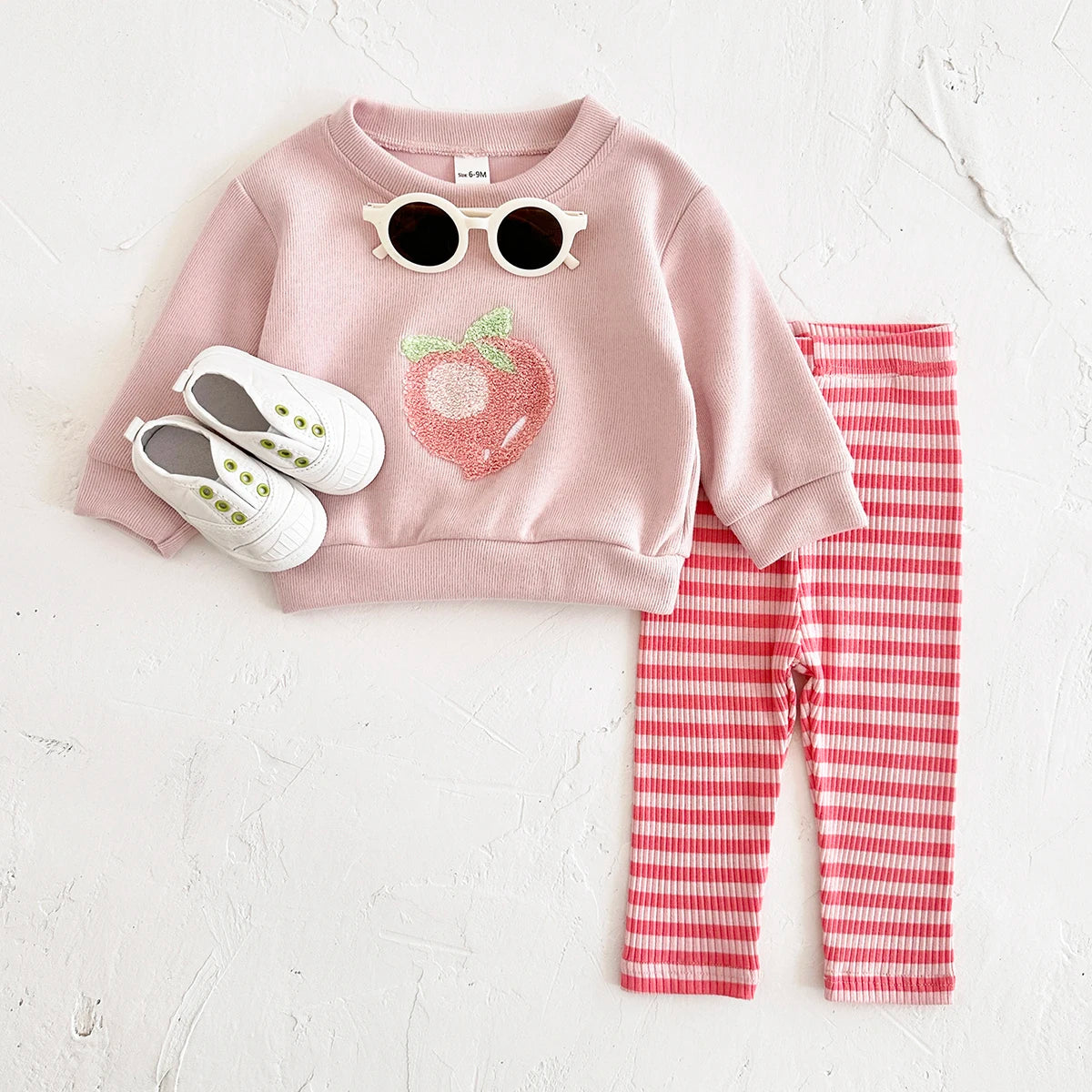 Baby Girl 2PCS Set – Long Sleeve Top & Pants, Cute Peach Autumn/Spring Outfit