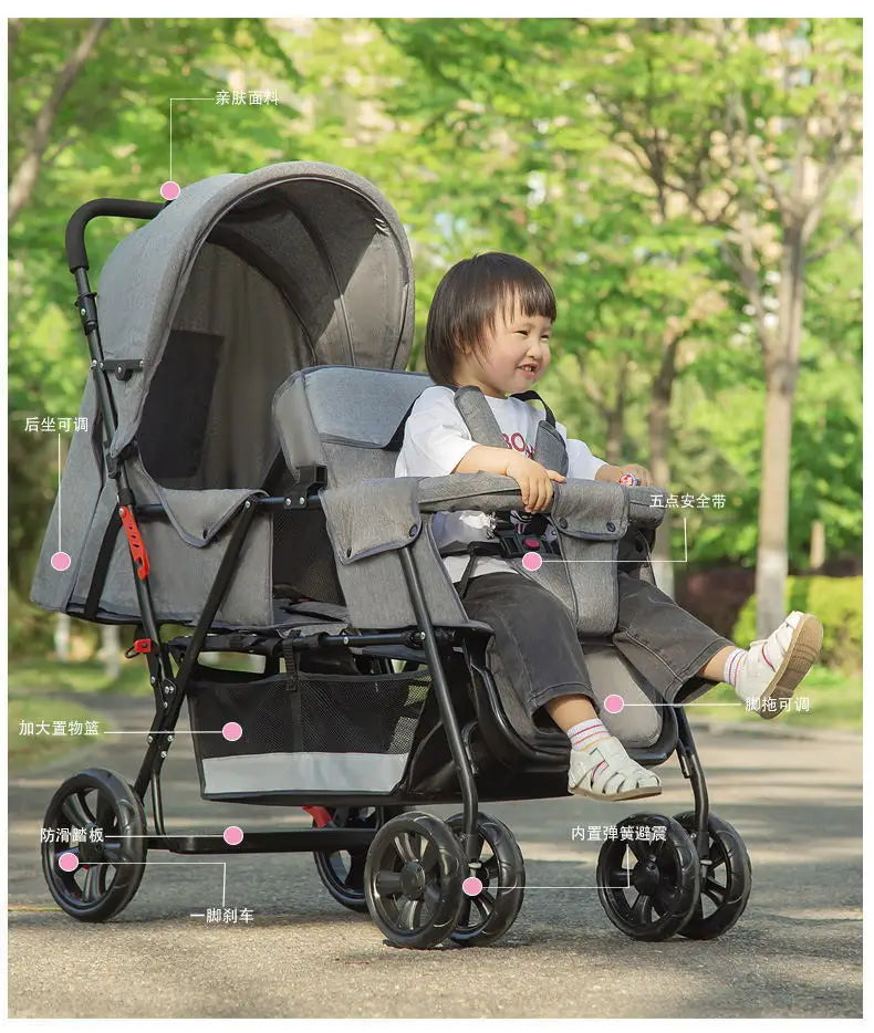 Twin Stroller Multifunctional Baby Stroller Lightweight Double Baby Stroller Foldable Two-way Double Stroller Four Wheel