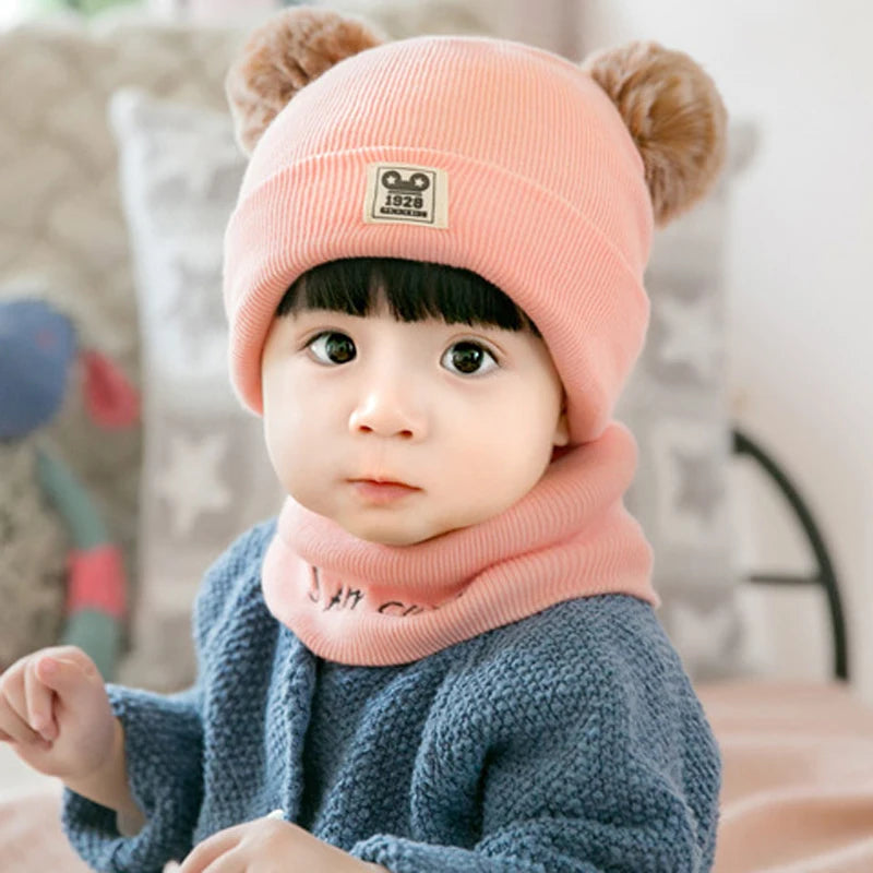 IYEAL   Winter Boys And Girls Lovely Knitted Hats Children's Hat +Neck scarf 2-Piece Set Baby Wool Hat Scarf Warm Thick Hat