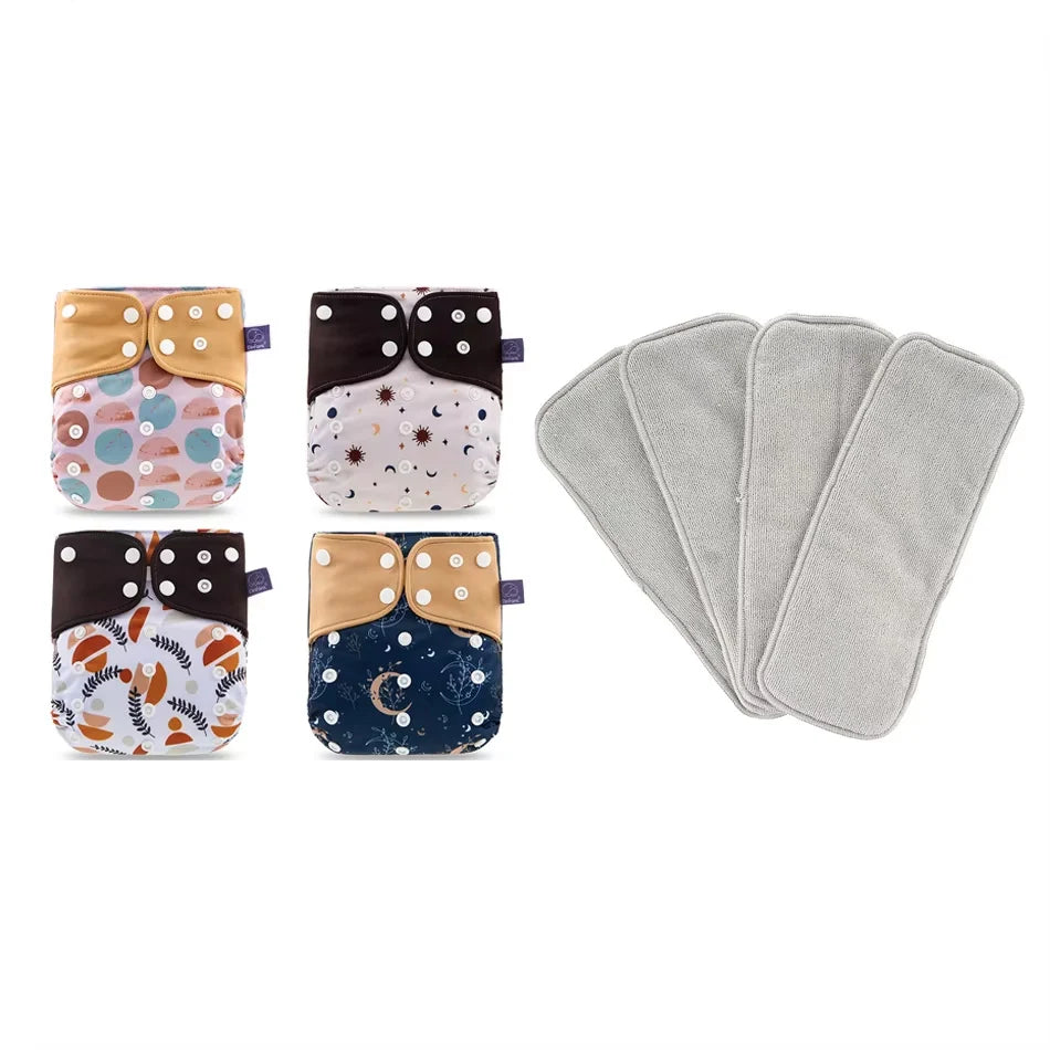 Washable Baby Diapers Set – 4 Cloth Nappies with Inserts, 3–15kg