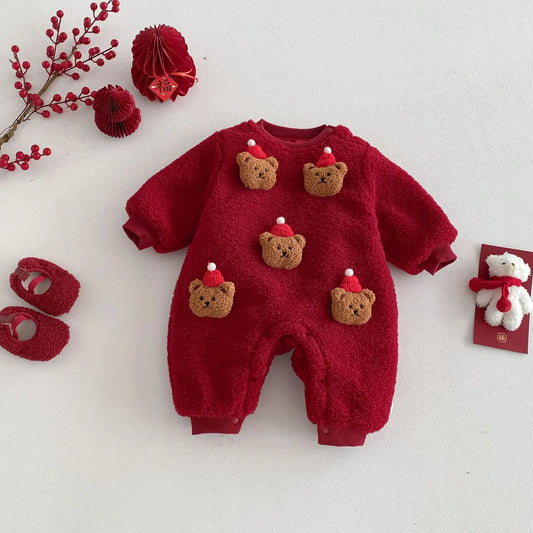 2025 Newborn Baby Red Jumpsuit Christmas Cute Bear Thicken Fleece Romper 0-2Y Infant Festival Outfit Warm Winter Baby Clothes