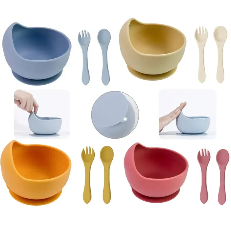 Ensemble repas pour tout-petit – Bol, cuillère et fourchette en silicone antidérapant