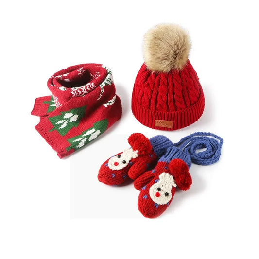 Ensemble cadeau de Noël trois pièces pour enfants : bonnet, écharpe et gants chauds pour bébé (garçons et filles). Idéal pour le Nouvel An.